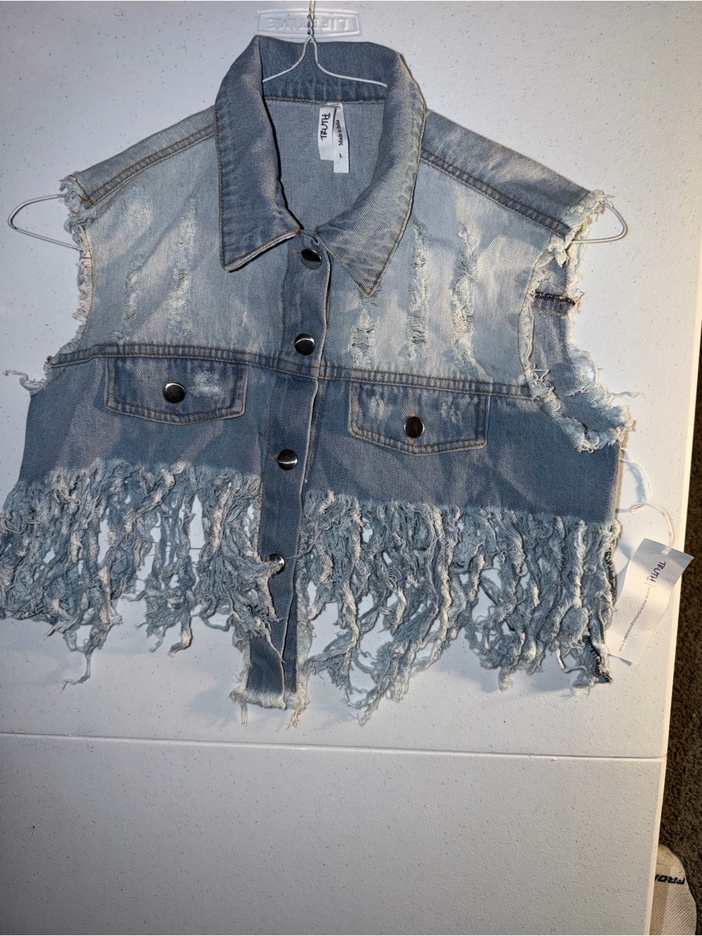 Truth Distressed Fringed Denim Crop Vest - Light Blue